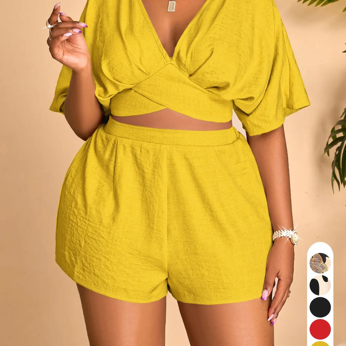 Plus Size Elegant Casual Chic Women's Two-Piece Set, Deep V-Neck Short Sleeve Top and High-Waisted Shorts for Spring & Summer, Womenswear, Clothes, Summer Matching Sets