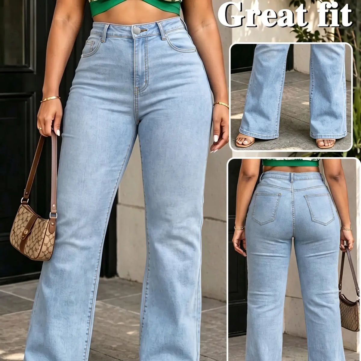 Deep Blue Washed High-Waisted Wide-Leg Denim Jeans, Plus Size Slimming Loose Fit Long Pants, Multiple Colors Available, Fall & Winter Casual Wear