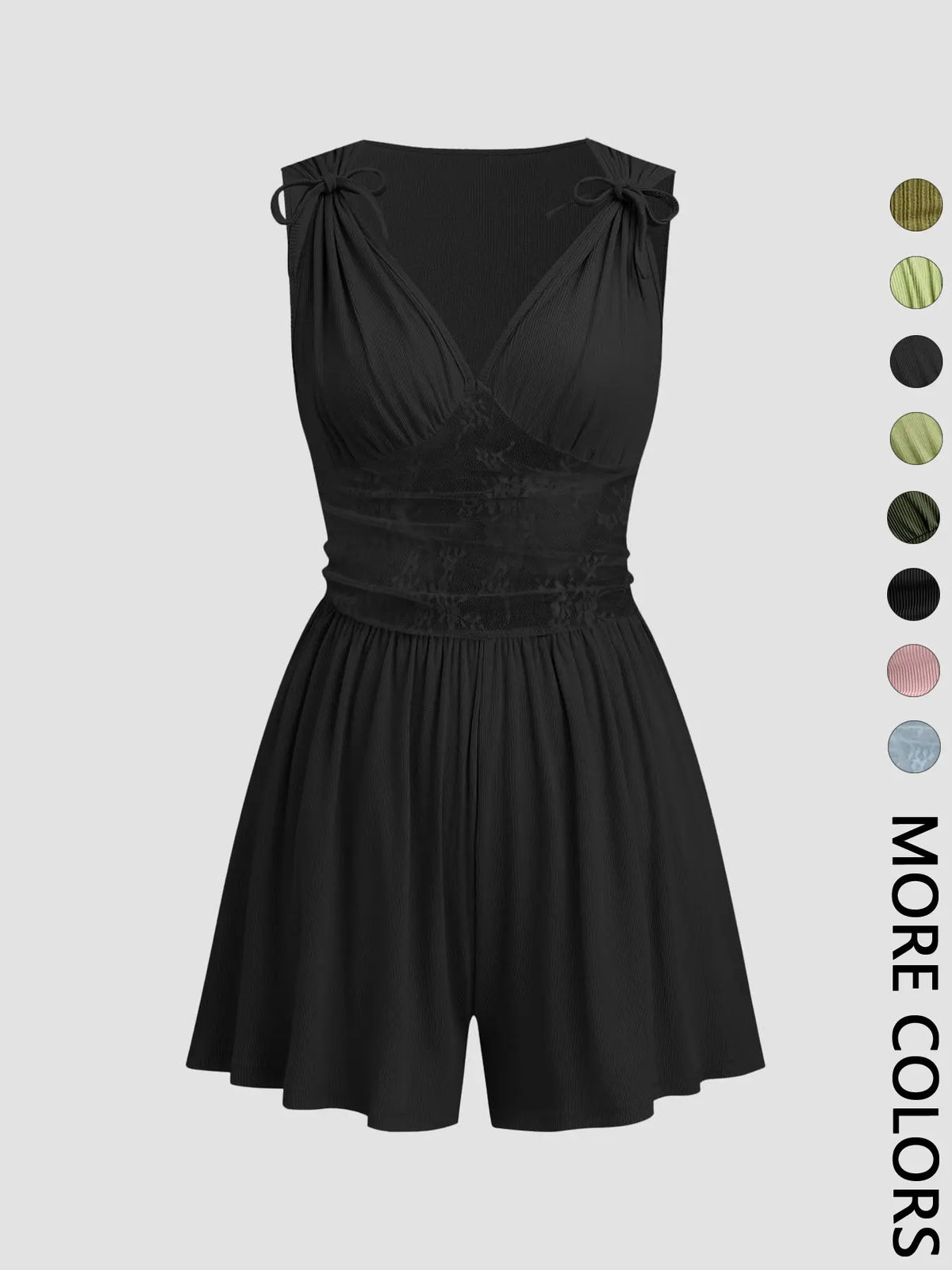 Women's Plain Ribbed Ruched Deep V Neck Tank Short Piece, Elegant Sleeveless Shorts Romper For Summer, Fashion Casual Ladies Clothes For Daily Wear