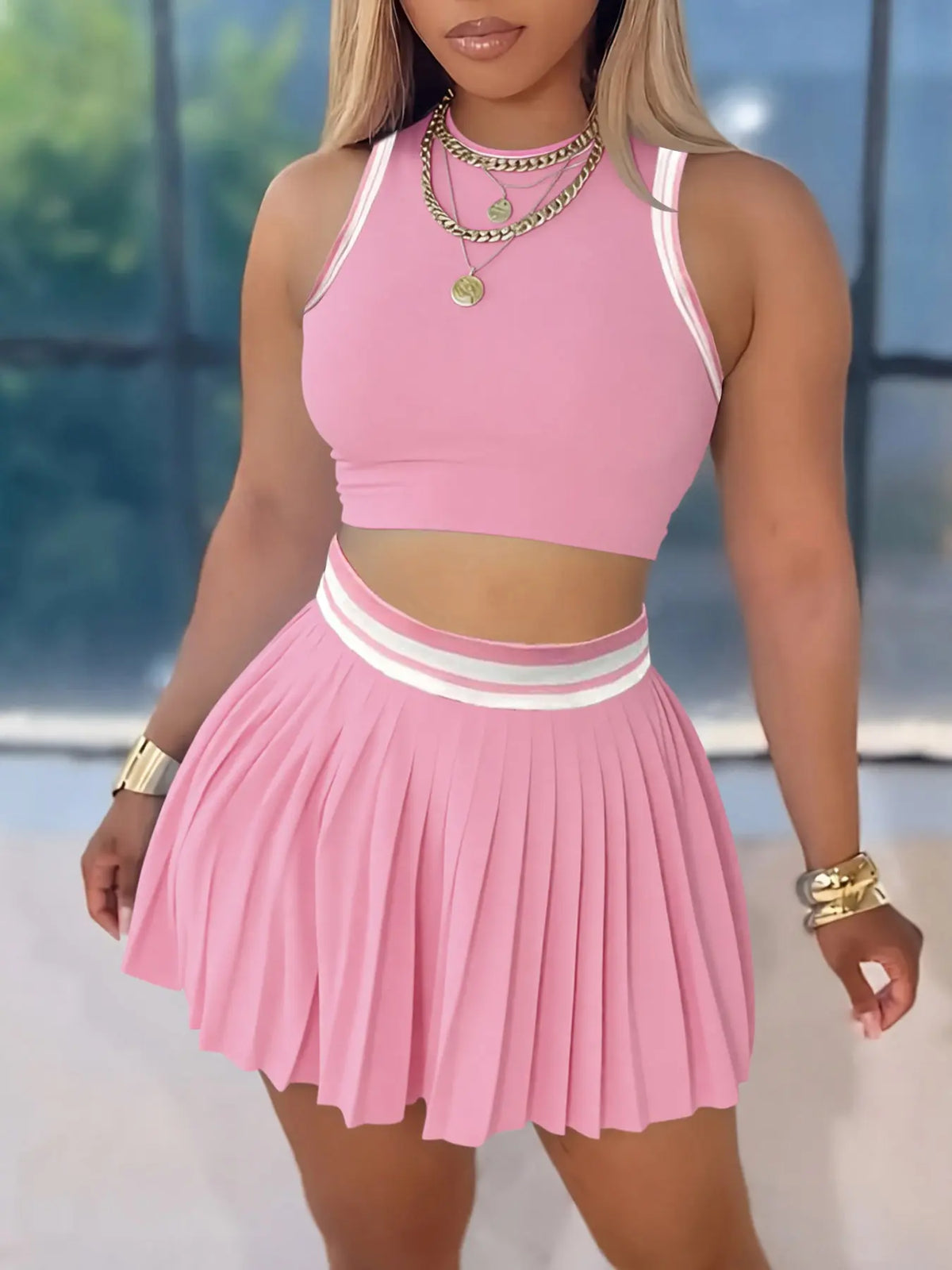 Women's New Sporty Casual Colorblock Pleated Skirt Set, Sleeveless Vest Two-Piece, Skirt And Top Set, Fashionable Summer Wear