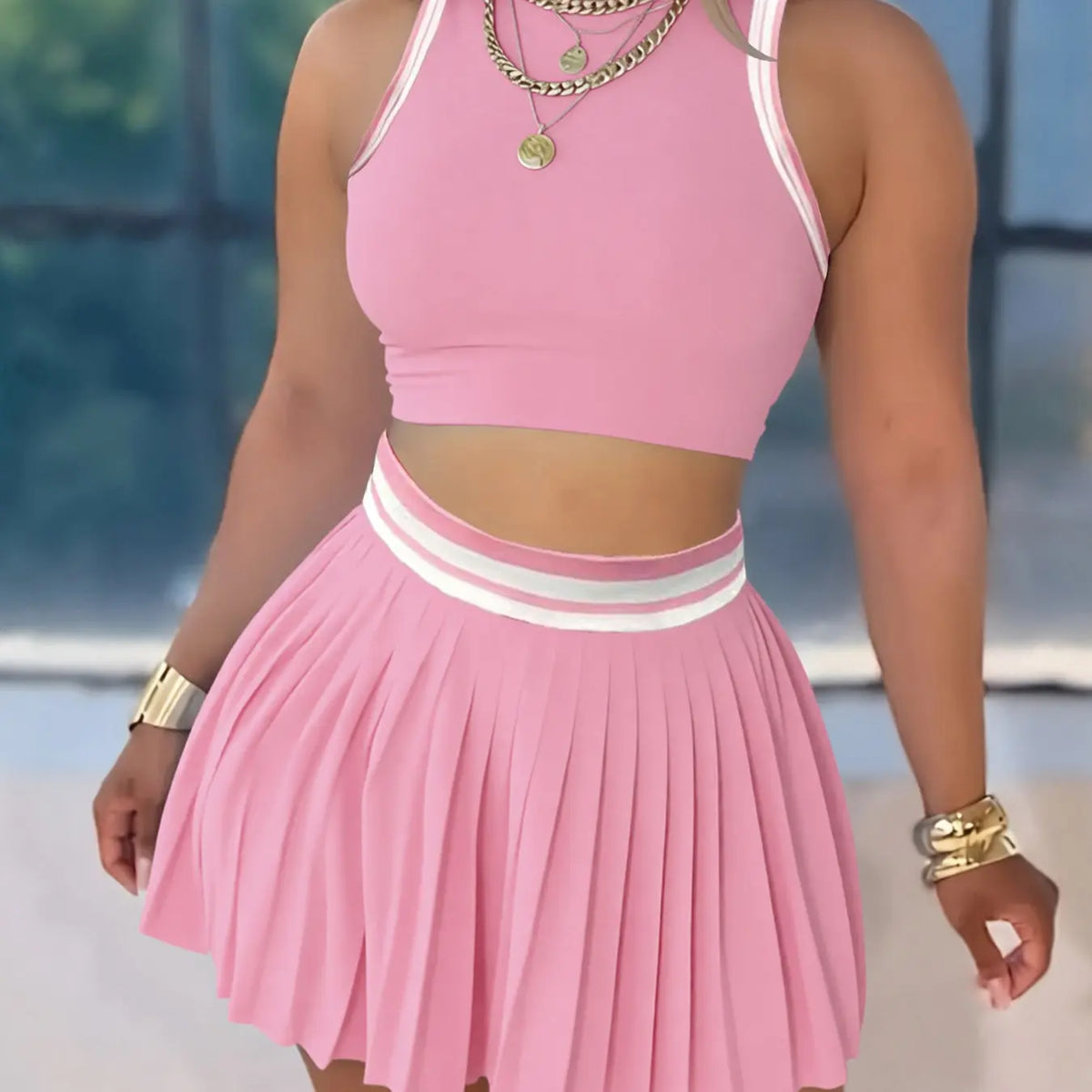 Women's New Sporty Casual Colorblock Pleated Skirt Set, Sleeveless Vest Two-Piece, Skirt And Top Set, Fashionable Summer Wear