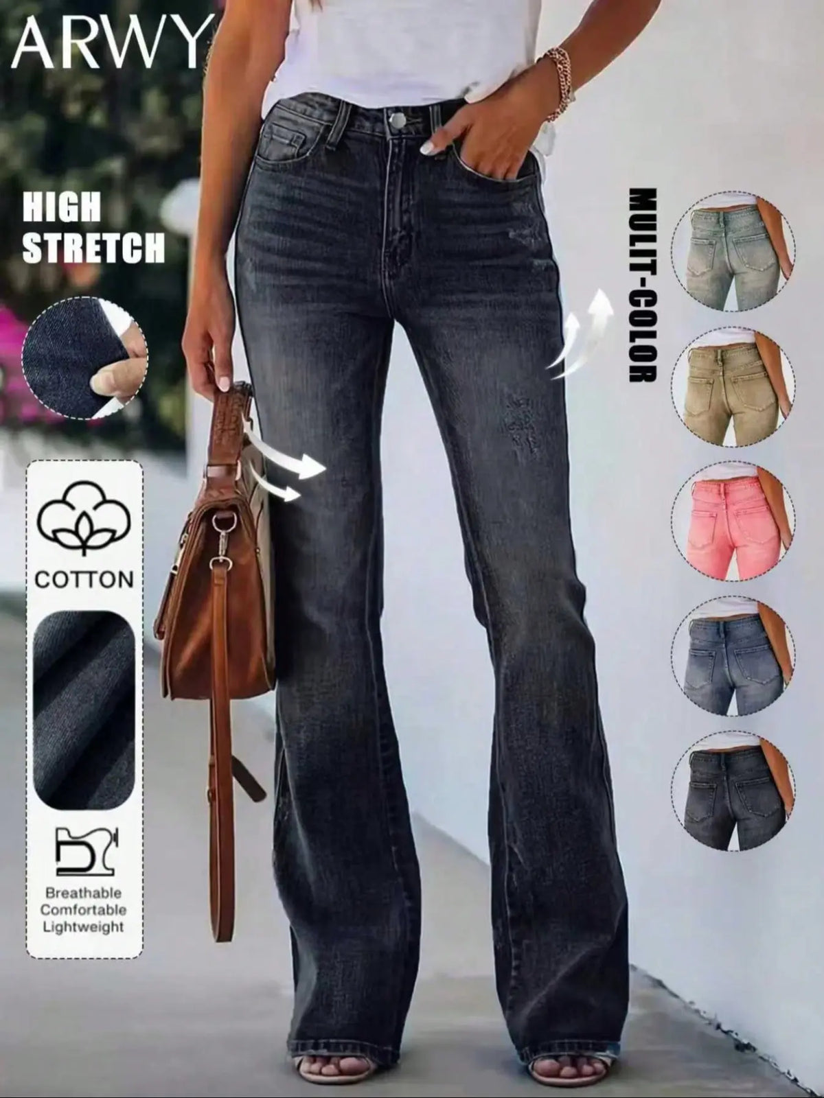 Women's Bohemian Gradient Slim-Fit Flare Leg Denim Jeans for All Seasons, Medium-Wash Denim Mid-Waist Stretchy Pants with Pockets, Womenswear