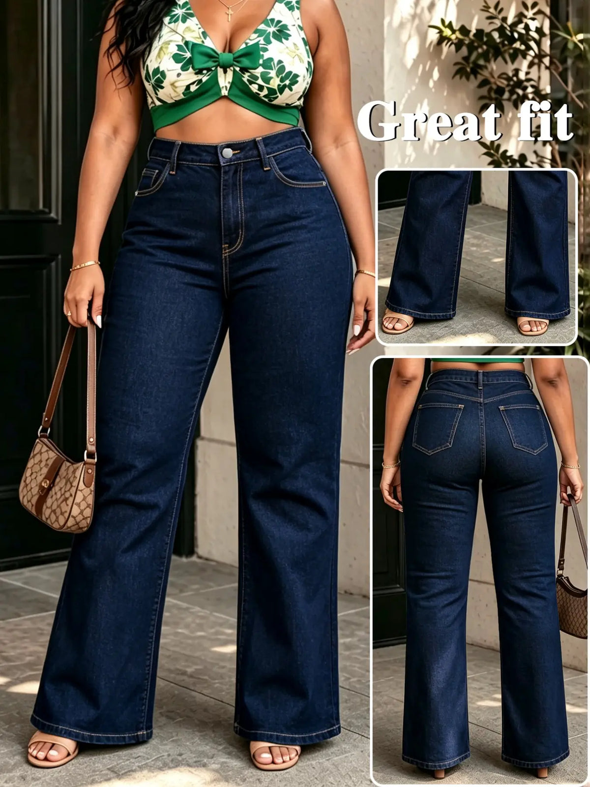 Deep Blue Washed High-Waisted Wide-Leg Denim Jeans, Plus Size Slimming Loose Fit Long Pants, Multiple Colors Available, Fall & Winter Casual Wear