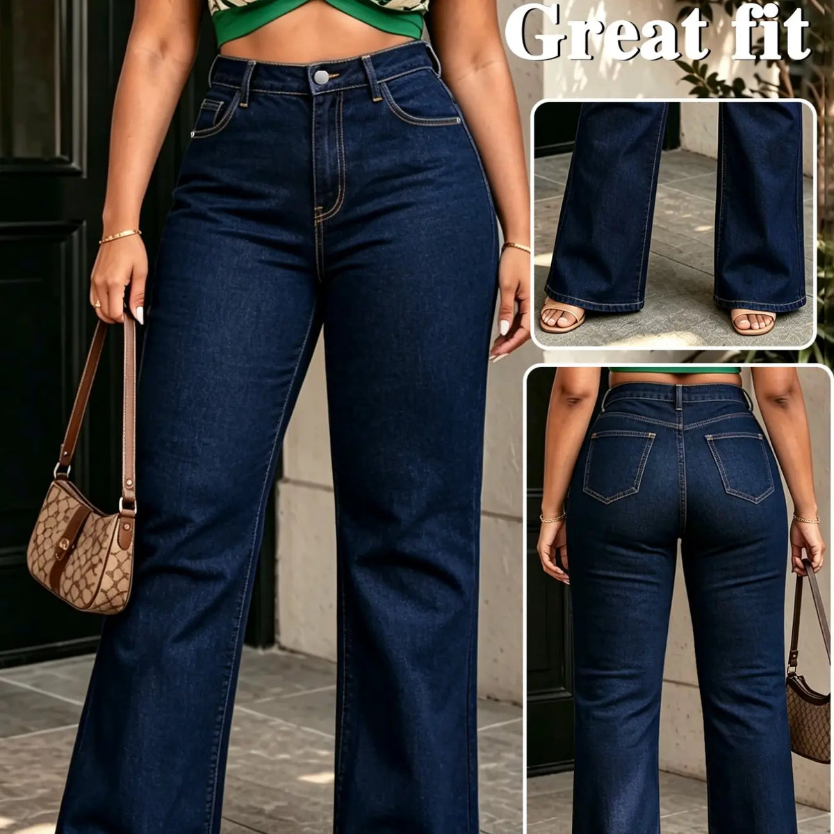 Deep Blue Washed High-Waisted Wide-Leg Denim Jeans, Plus Size Slimming Loose Fit Long Pants, Multiple Colors Available, Fall & Winter Casual Wear