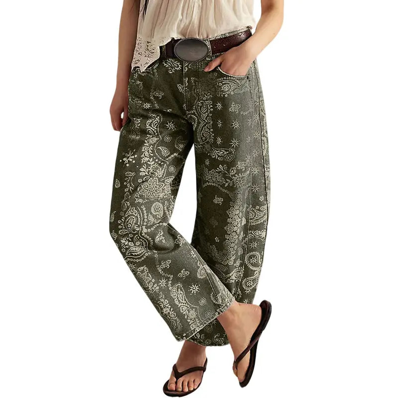 CHOUYATOU Women's Printed Wide-Leg Jeans Y2k Loose Mid-Rise Jeans in Soft Pink with Boho Floral Pattern Casual Denim Trousers
