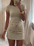 Soft Stretch Striped Casual Two-Piece Set, Slim Fit Short Round Neck T-Shirt & High Waist Adjustable Drawstring Skirt, Versatile Home & Skirt and top set