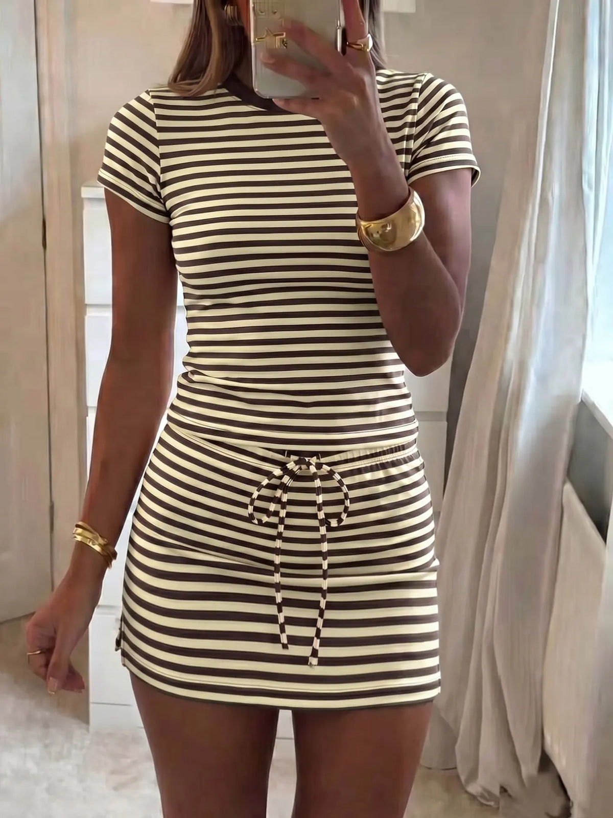 Soft Stretch Striped Casual Two-Piece Set, Slim Fit Short Round Neck T-Shirt & High Waist Adjustable Drawstring Skirt, Versatile Home & Skirt and top set