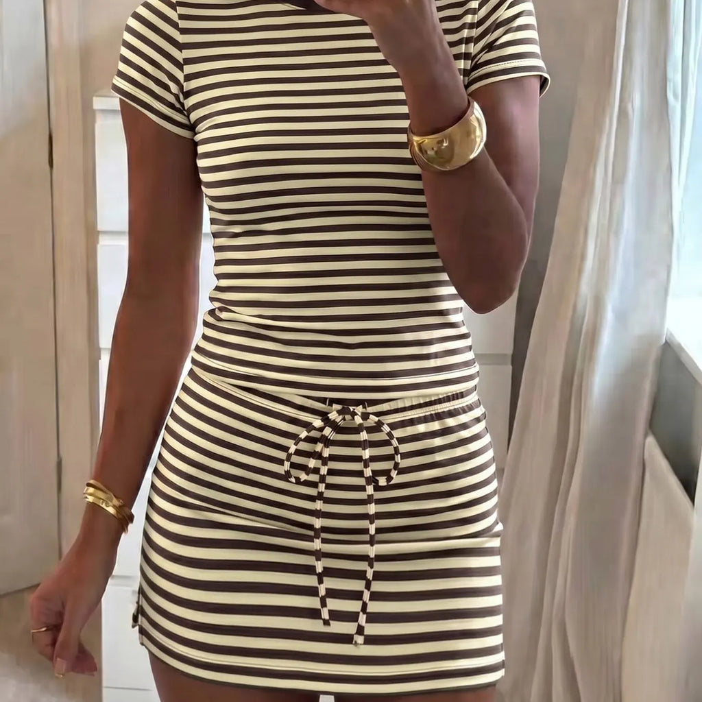 Soft Stretch Striped Casual Two-Piece Set, Slim Fit Short Round Neck T-Shirt & High Waist Adjustable Drawstring Skirt, Versatile Home & Skirt and top set