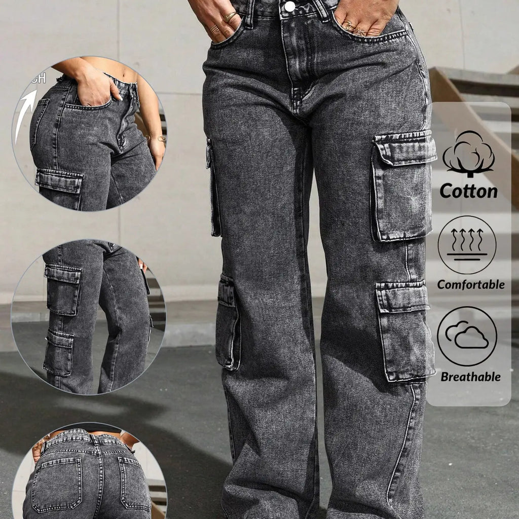 Women's Dark Grey Washed Denim Jeans, Multi-Pocket Straight Leg Cargo Pants, Casual Commuter Streetwear, Soft Stretch Comfortable Loose Fit, High Waisted Jeans Suitable for All Seasons, Outdoor Shopping and Dating, Bottom