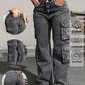 Women's Dark Grey Washed Denim Jeans, Multi-Pocket Straight Leg Cargo Pants, Casual Commuter Streetwear, Soft Stretch Comfortable Loose Fit, High Waisted Jeans Suitable for All Seasons, Outdoor Shopping and Dating, Bottom