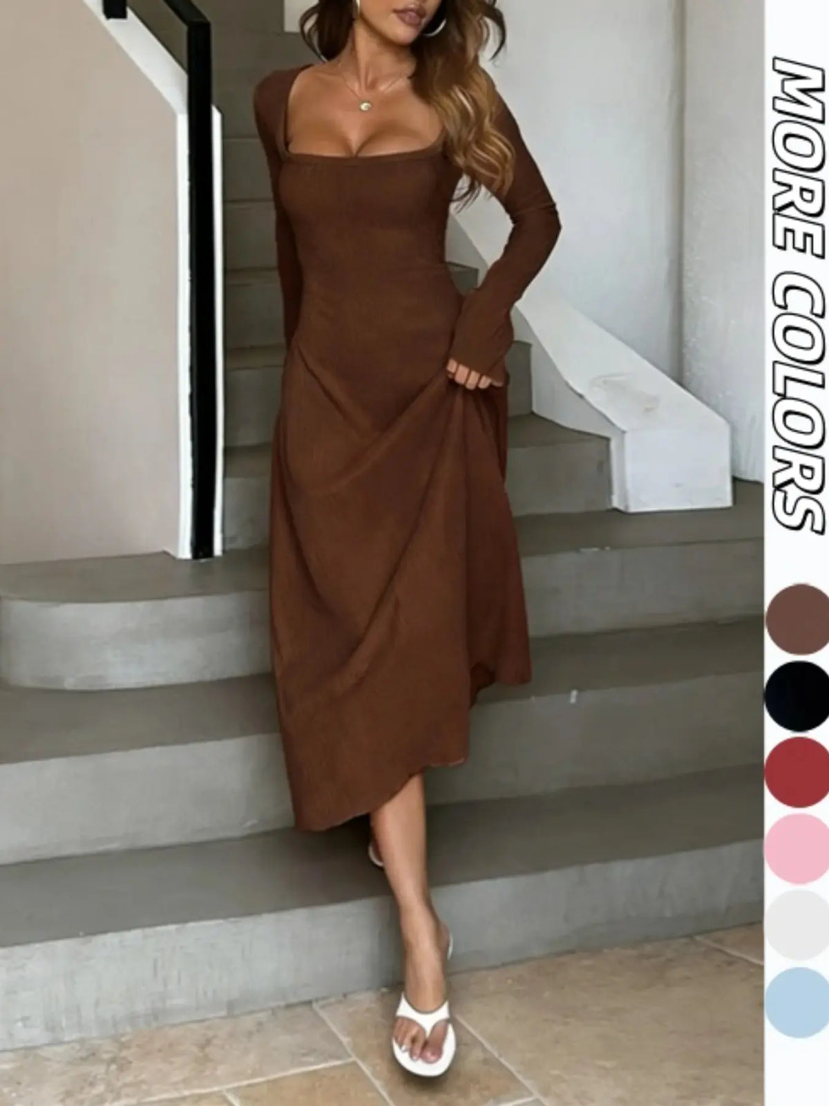 Women's Plain Lace Up Tie Back Flounce Sleeve Dress, 1 Count Chic Elegant Aesthetic Fit Square Neck Long Sleeve A Line Formal Wear Wedding Outfit Dress for Party Holiday Wedding Guest, Ladies Spring&Fall Clothes