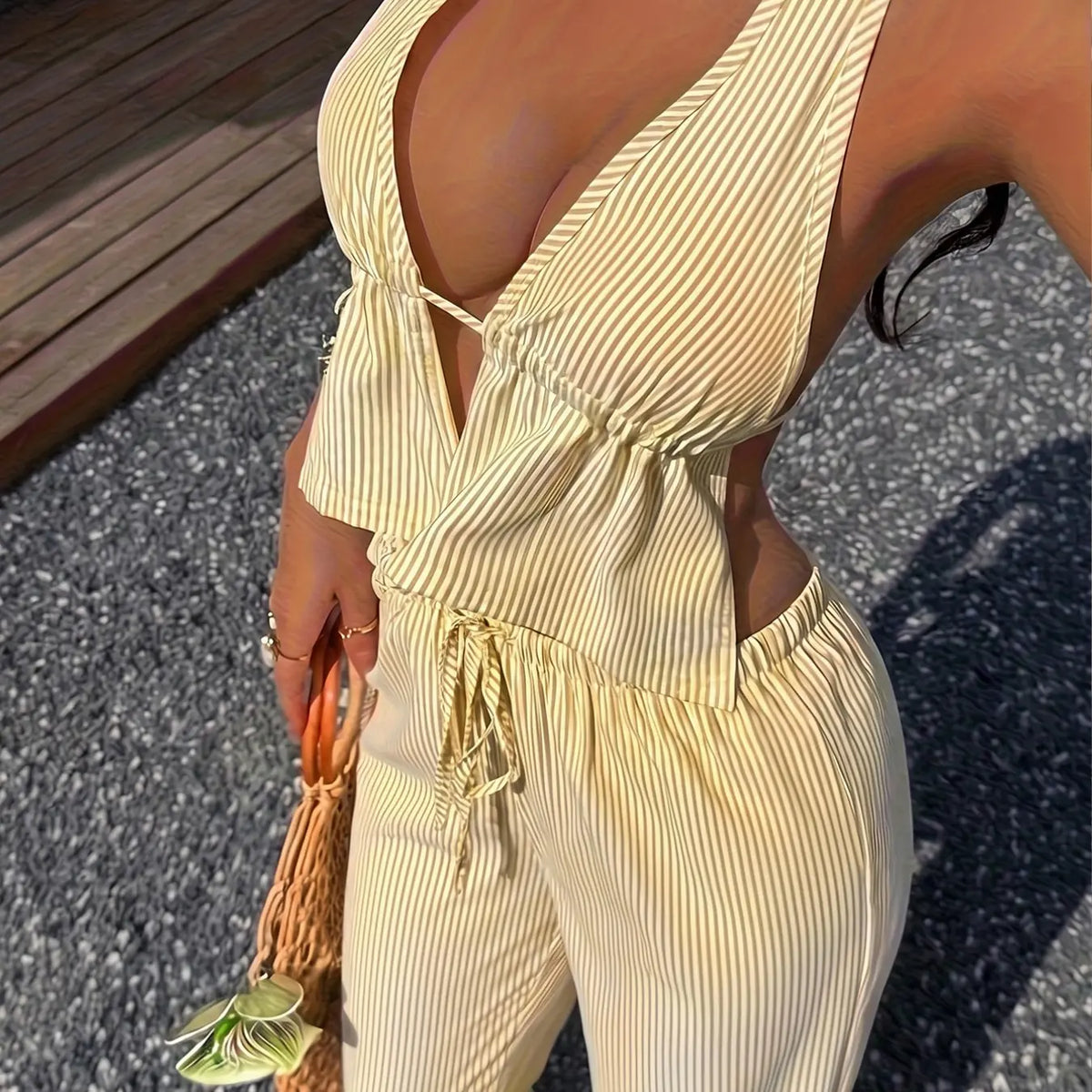 Women's Fashion Striped Halter Backless Top & Long Pants Set Outfit, Matching Outfit Set, Casual Chic Office Style, Perfect for Vacation, Date & Outdoor Wear