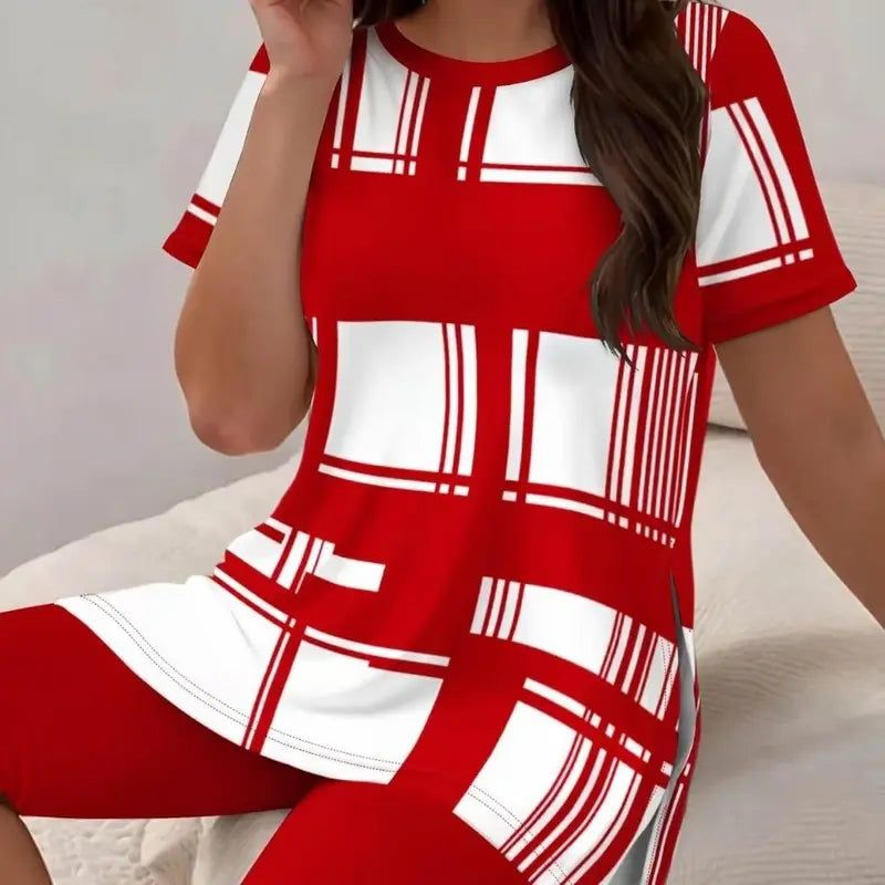 Plus Size Women's Casual 2-Piece Set - Plaid Stripe Color Block Print, Short Sleeve Round Neck Polyester Pullover Top, Shorts with 2-Sided Split, Plus Size Fashion, Regular Fit Comfortable Leisure Wear