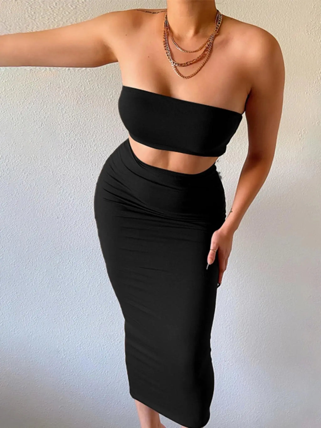 Women's 2 Counts Solid Backless Crop Tube Top & High Waist Skirt Set, Sleeveless Strapless Top & Bodycon Skirt Set for Party Club Dating, Ladies Casual Summer Clothing Set Womenswear