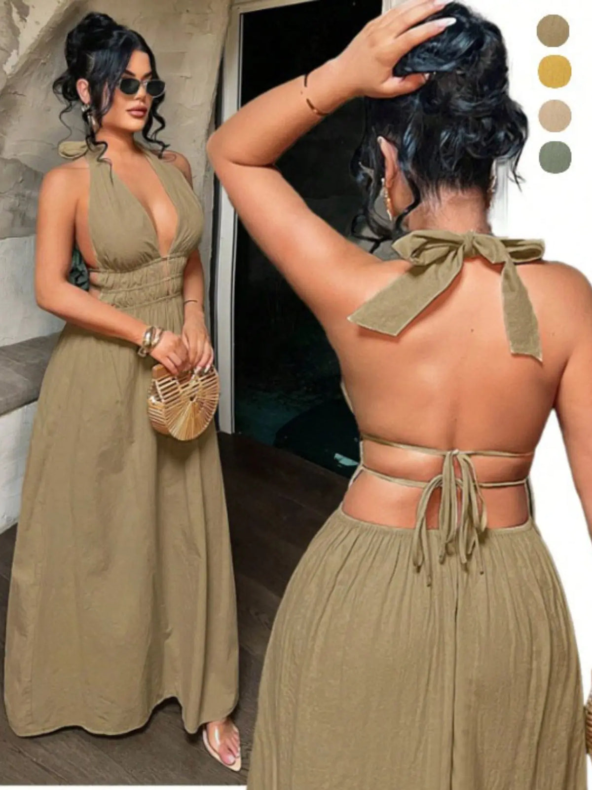 Women's Solid Color Deep V Neck Pleated Design Sexy Dress, Date Night Dress, Essential Summer Fashion Item for Women, Stylish and Alluring Evening Wear