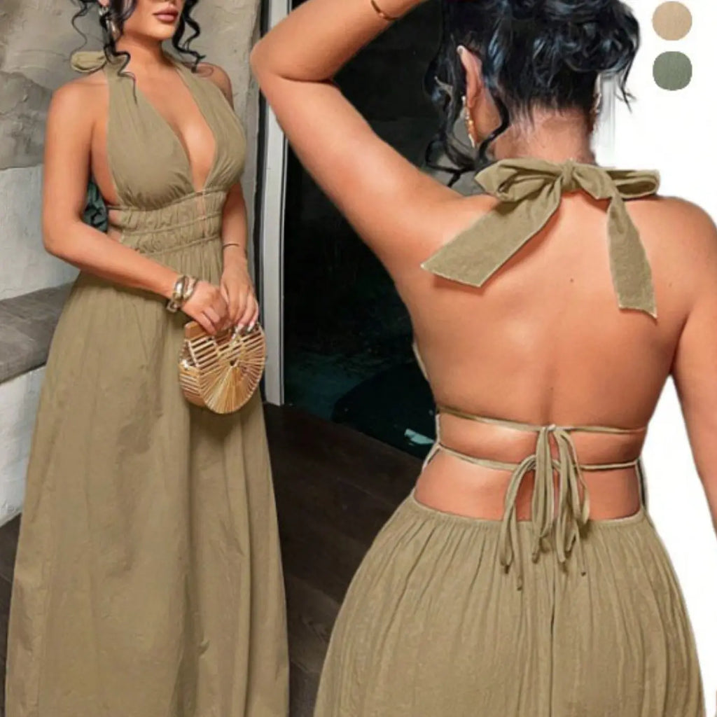 Women's Solid Color Deep V Neck Pleated Design Sexy Dress, Date Night Dress, Essential Summer Fashion Item for Women, Stylish and Alluring Evening Wear