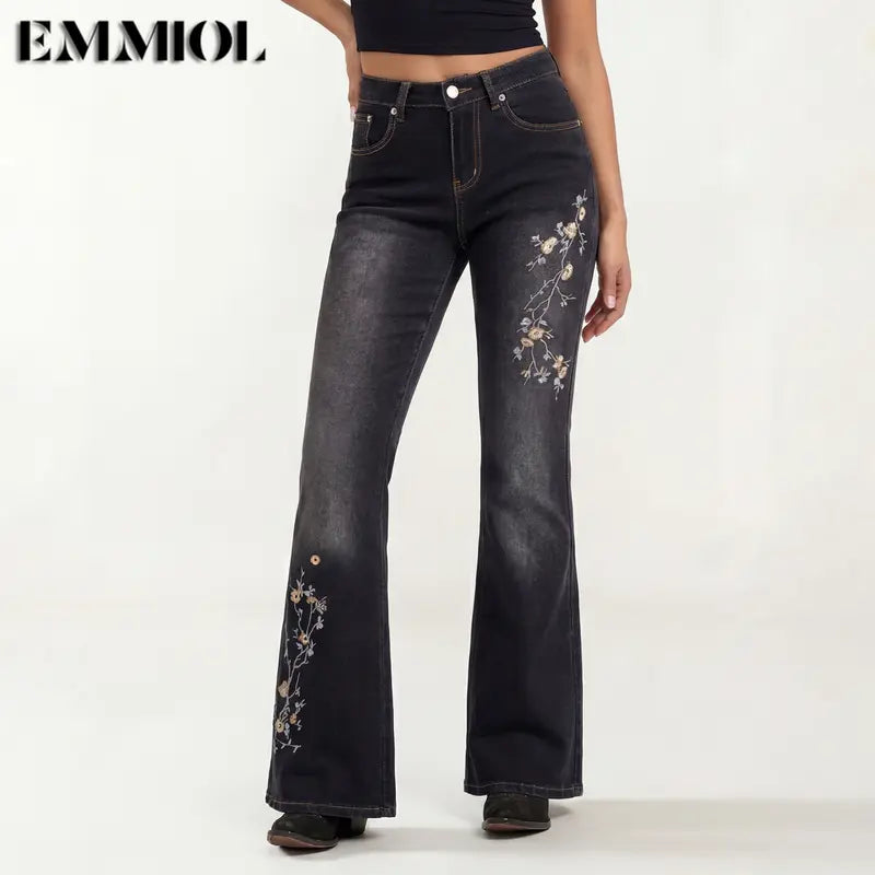 EMMIOL Women Mid Low Rise Bell Bottom Jeans Stretchy Flare Denim Pants Embroidery Vintage Y2K 90s Streetwear SohoChic【Back to School】