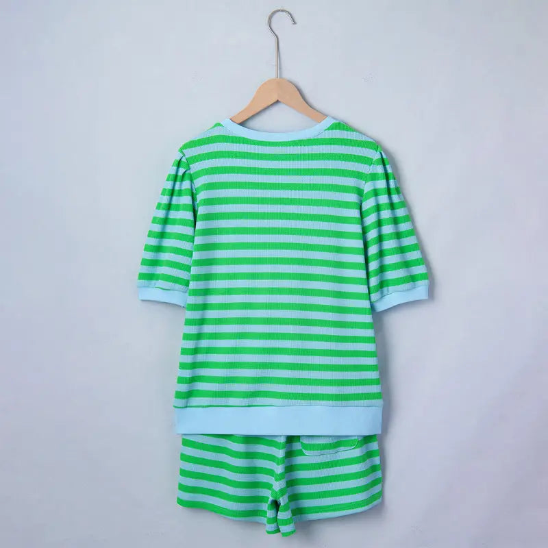 Asvivid Women's Stripe Puff Short Sleeve T Shirt Top and Drawstring Elastic Waist Short Matching Shorts Set Casual Cute Spring Clothes Summer Outfits