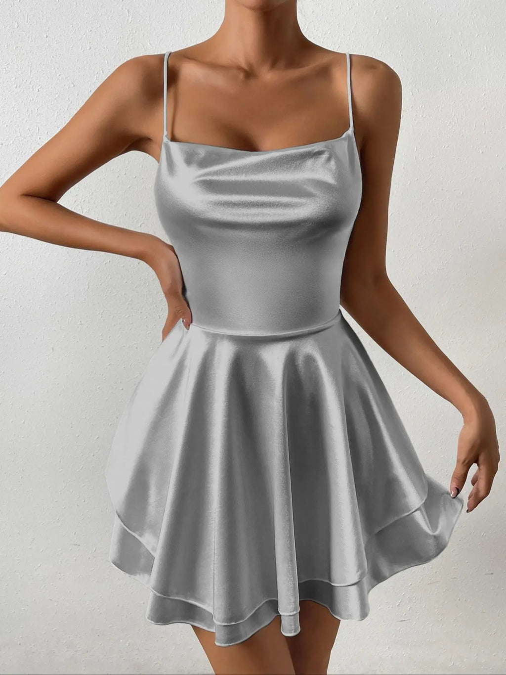 Women's Plain Lace Up Backless Tiered Layer Stretchy Satin Cami Dress, Summer Clothes Women, Womenswear, Elegant Chic Cowl Neck Sleeveless A Line Short Dress for Party Holiday Wedding Guest Evening Formal Wear, Date Night Dresses, Dresses for Women