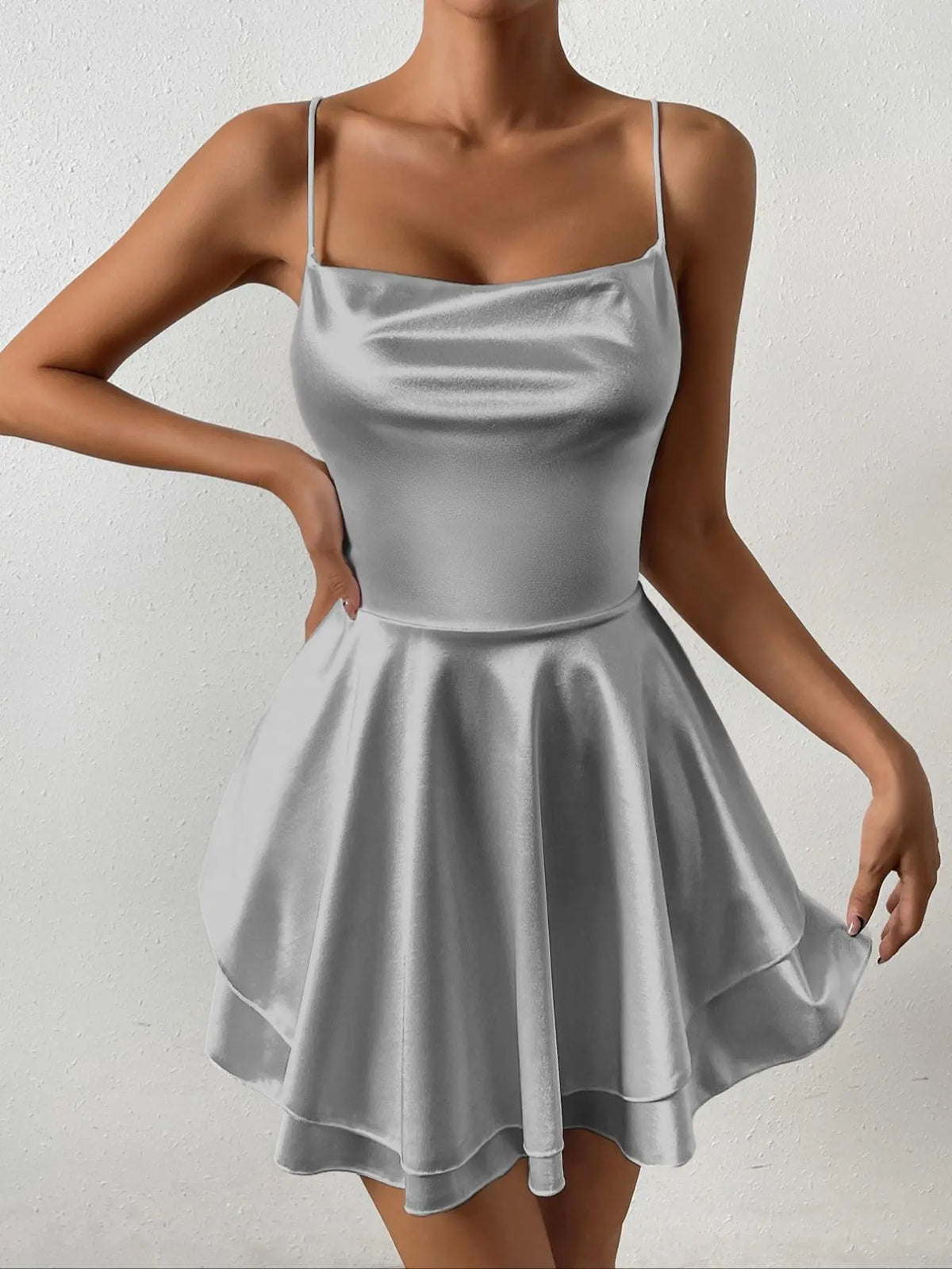 Women's Plain Lace Up Backless Tiered Layer Stretchy Satin Cami Dress, Summer Clothes Women, Womenswear, Elegant Chic Cowl Neck Sleeveless A Line Short Dress for Party Holiday Wedding Guest Evening Formal Wear, Date Night Dresses, Dresses for Women