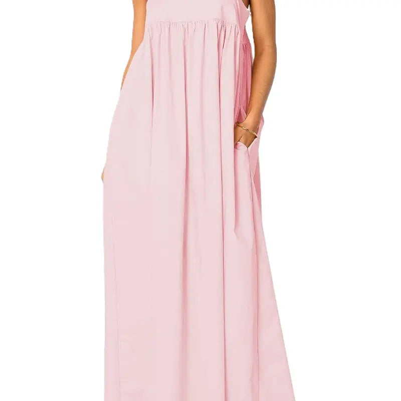 Ebossy Women's Square Neck Sleeveless Backless Tie-Back Spaghetti Strap Casual Loose Cutout Ankle-Length Sundress with Side Pockets, Pink - Women's Dresses, Machine Washable, Outdoor & Evening Ready, Fashion Apparel - Check Size Chart