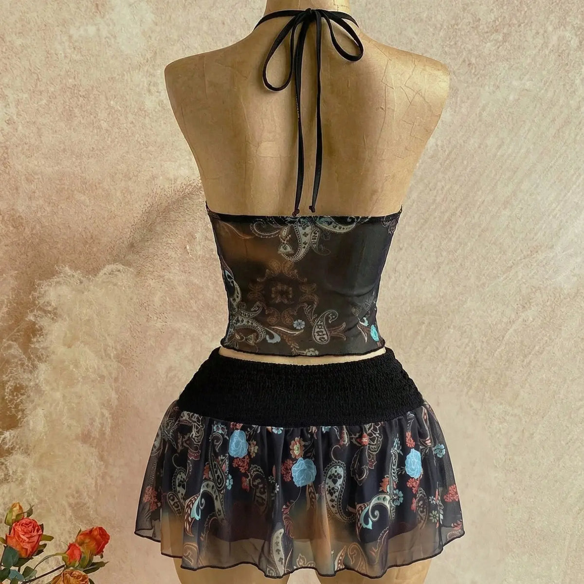 Women's Retro Vintage Paisley Print Crochet Two-Piece Set, Bohemian Boho Halter Crop Top & Ruffled Midi Skirt with Mesh Detail, Y2K Ethnic Style, for Casual, Vacation & Date, Spring/Summer/Fall