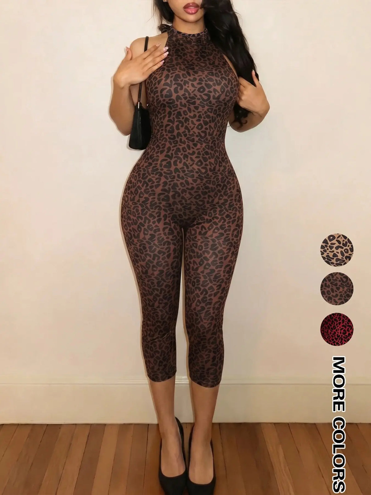 Women's Sexy Mesh Leopard Print Halter Neck Backless Cropped Jumpsuit, Sleeveless High Waist Bodycon Jumpsuit, Fashionable Summer Womenswear Clothing