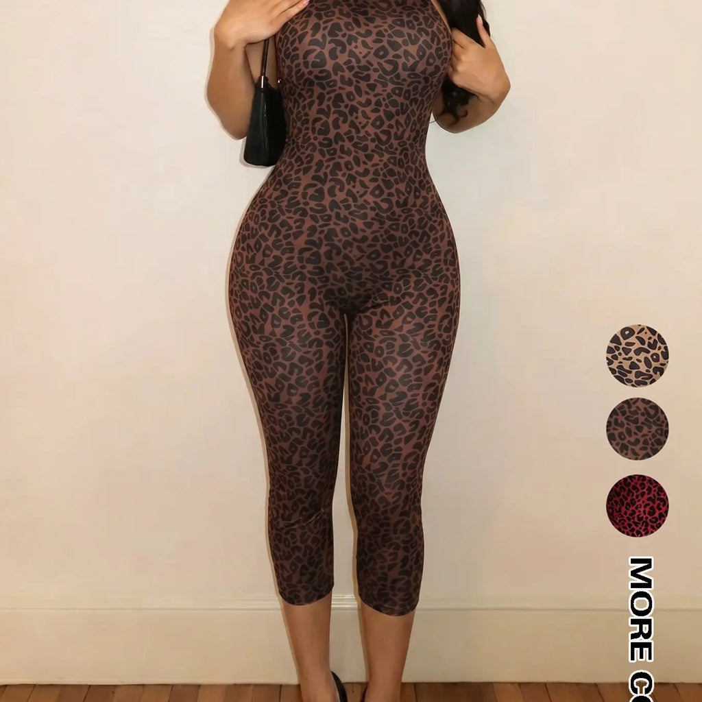 Women's Sexy Mesh Leopard Print Halter Neck Backless Cropped Jumpsuit, Sleeveless High Waist Bodycon Jumpsuit, Fashionable Summer Womenswear Clothing