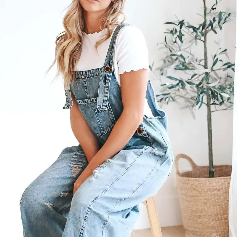 Ebossy Women's Minimalist Blue Loose Strappy Adjustable-Button Denim Coverall Bib Overalls - Ripped Wide Leg Baggy Jumpsuit, Casual Party Womenswear, Women's Clothing