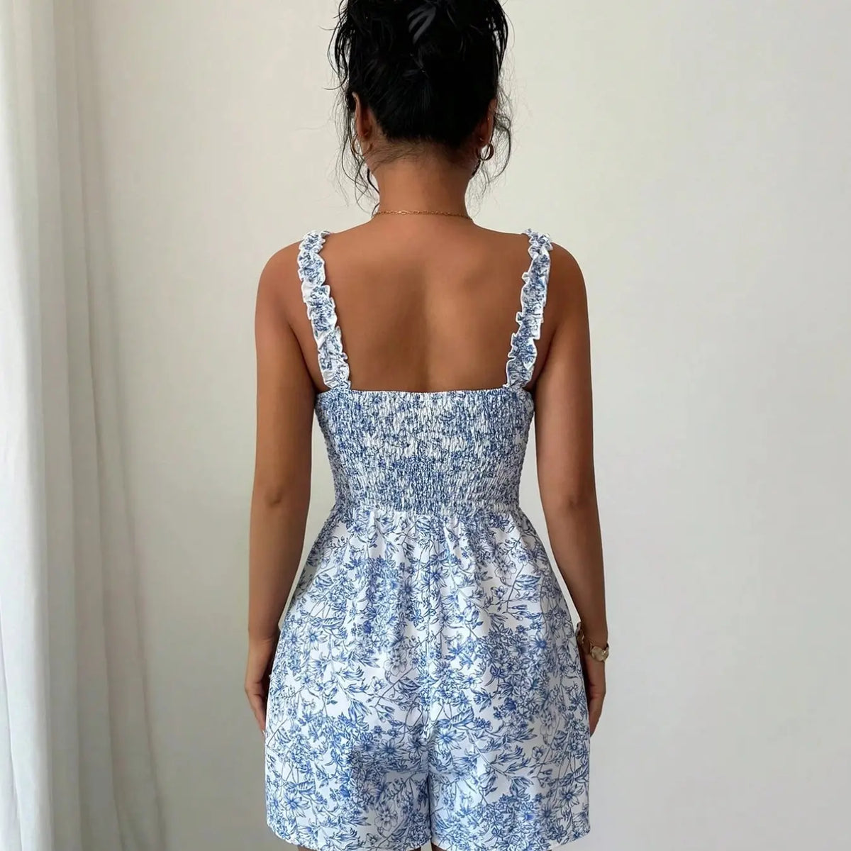 Printed Plant Ruffle Trim Halter Neck Elastic Waist Romper Stylish and Comfortable One-Piece, Perfect for Everyday Casual Wear Ruffled Romper