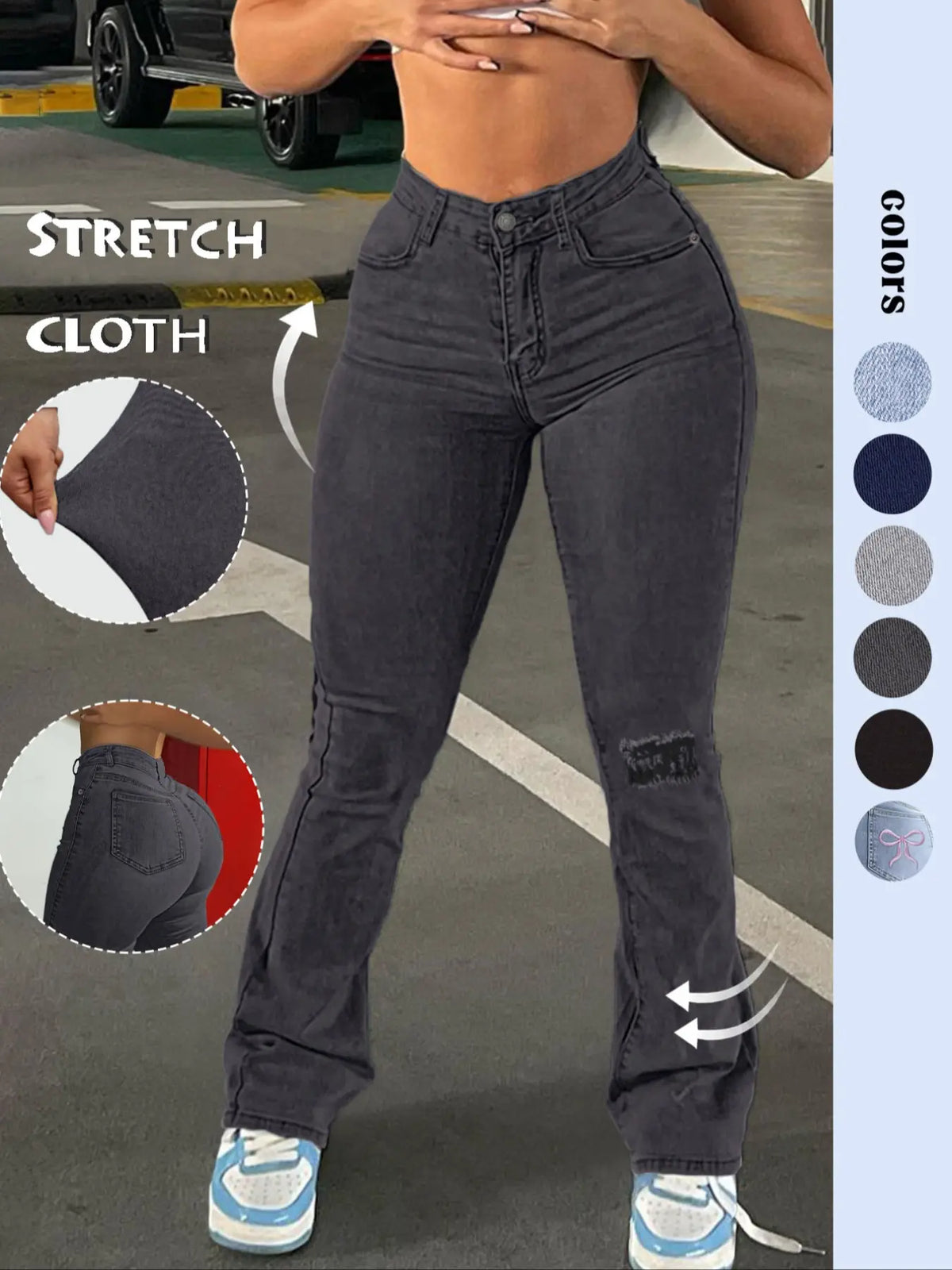 GILIPUR Y2K Women's Plain Ripped Bootcut Flared Fit Jeans, Casual High Waist Pocket Button Fly Bell Bottom Denim High Rise Pants for Daily Outdoor Wear, Medium Stretch Cotton Fabric, Flare Leg Jeans for All Seasons, Streetwear
