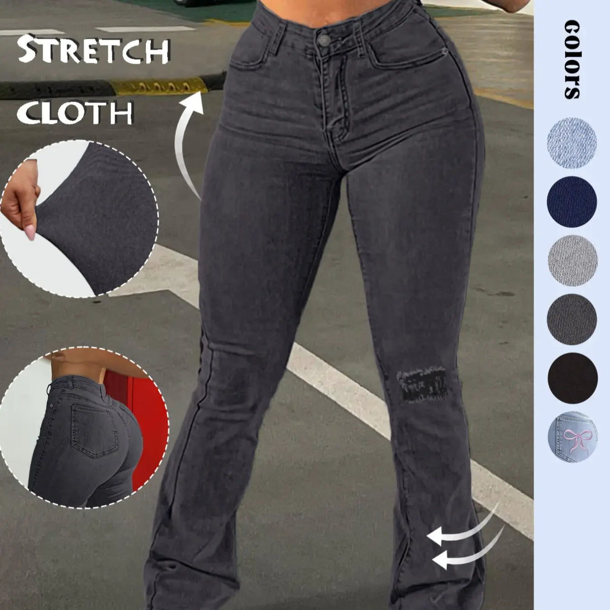 GILIPUR Y2K Women's Plain Ripped Bootcut Flared Fit Jeans, Casual High Waist Pocket Button Fly Bell Bottom Denim High Rise Pants for Daily Outdoor Wear, Medium Stretch Cotton Fabric, Flare Leg Jeans for All Seasons, Streetwear