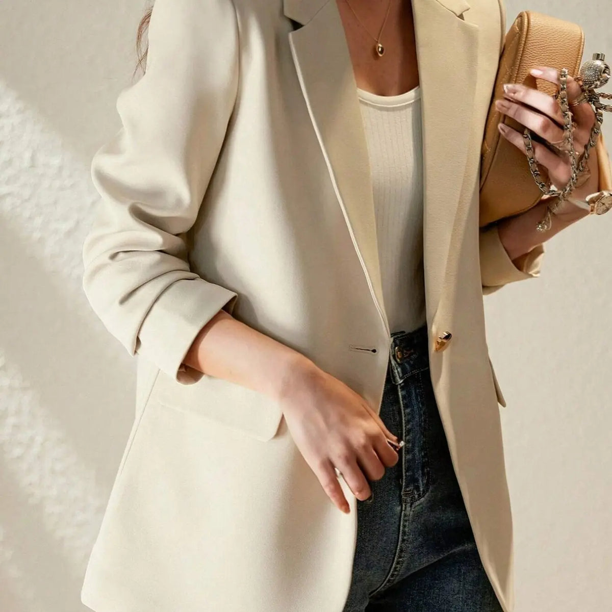 Elegant Chic Aesthetic Apricot Single Button Blazer Work Casual Blazers Long Sleeve Korean Style Loose Straight Fit Professional, Versatile Slimming Office Outerwear Top Fashion