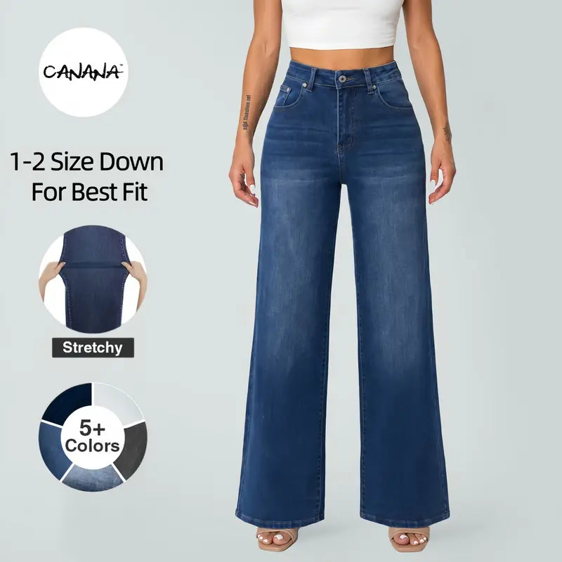 CANANA Women Super Stretchy High Rise Wide Leg Jeans Minimalist Comfort Denim Pants Tummy Control BBL Regular Size Plus Size Spring Fashion Daily Outfits Pockets One Size Down For Best Fit