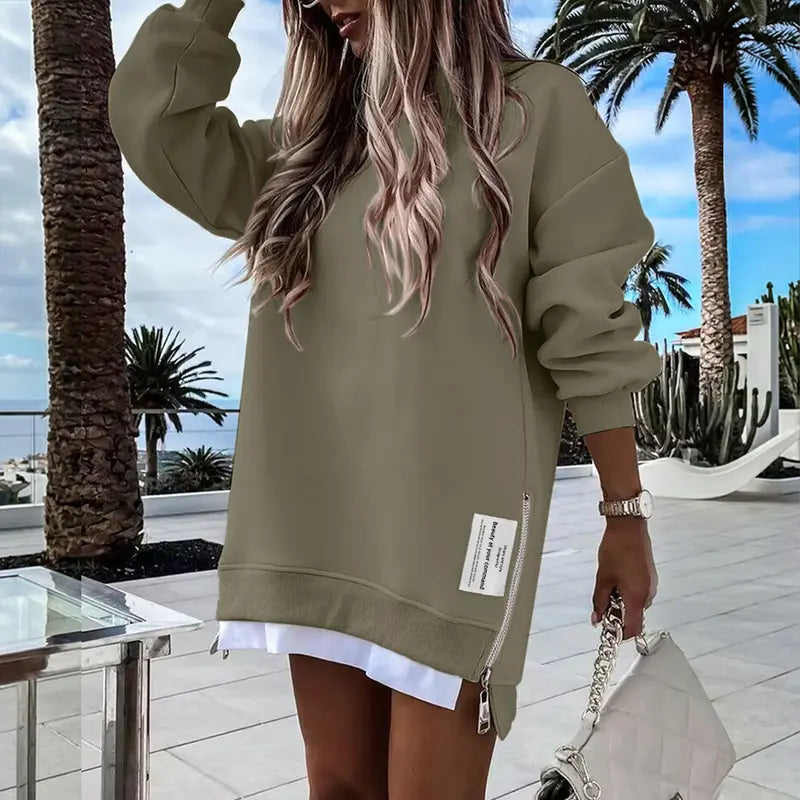 CHICME 2026 Women's Oversized Fall Long Sleeve Pullover Sweatshirt Zipper Slit Casual Dress Drop Shoulder Outfits, Dresses For Women, Women's Clothes