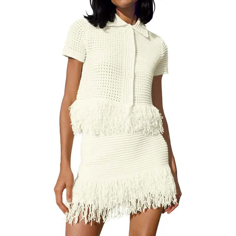 Fisoew Women's Crochet Knit 2 Piece Set, Short Sleeve Button Top with Matching Fringe Skirt, Summer Vacation Beach Cover Up, Shortsleeve, Women's Fashion SohoChic