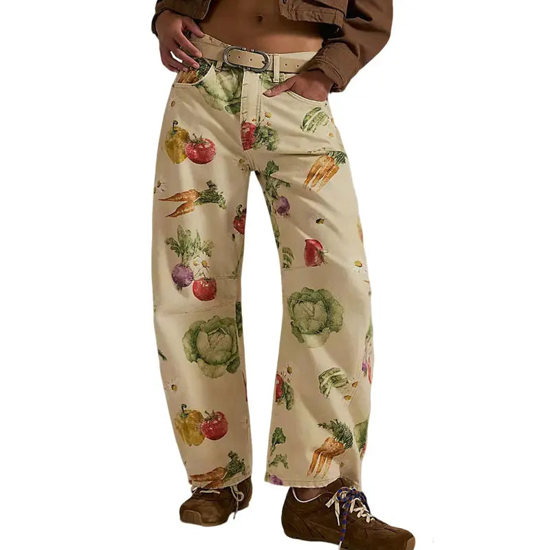 CHOUYATOU Women's Printed Wide-Leg Jeans Y2k Loose Mid-Rise Jeans in Soft Pink with Boho Floral Pattern Casual Denim Trousers