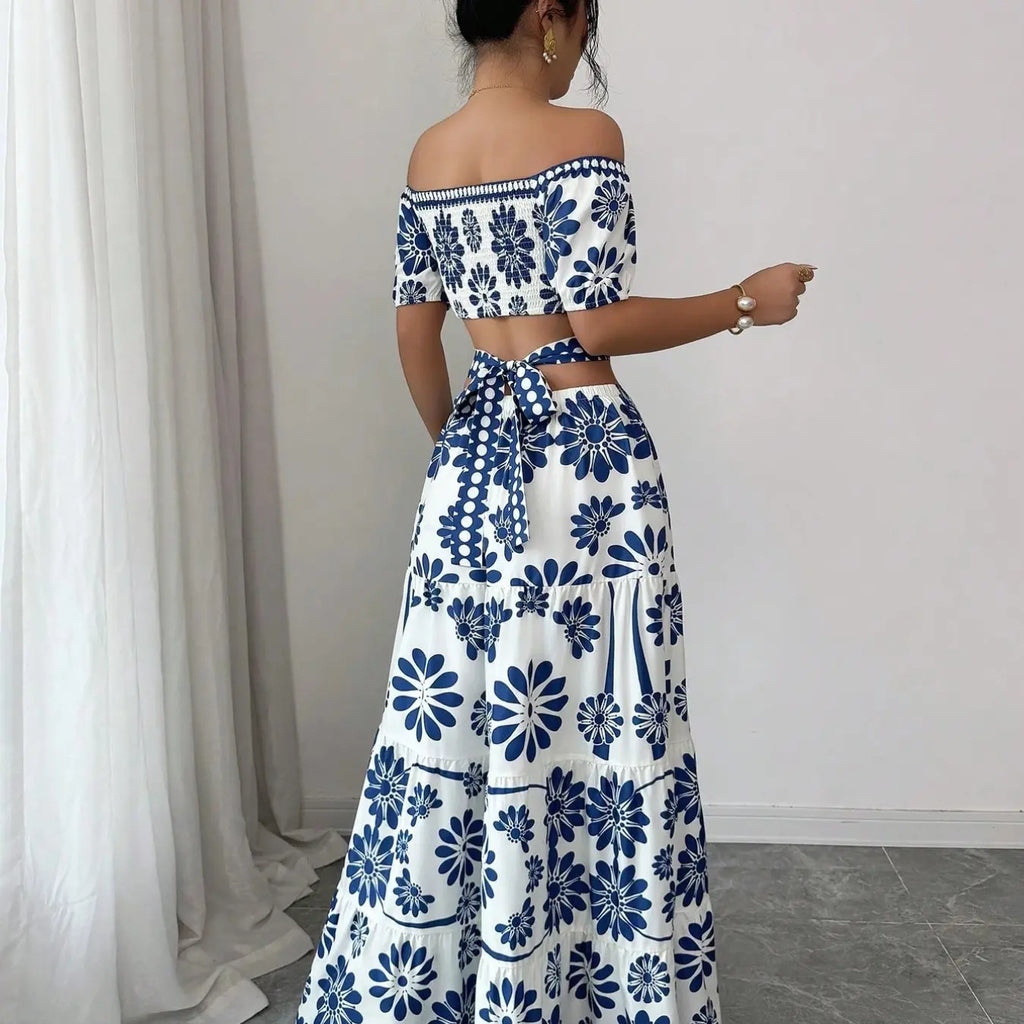 Women's Floral Off-Shoulder Short Sleeve Hollow Out Waist Fashion Chic Dress, Tropical Vacation Women's Dress, Long Dress for Summer, Floral Woven Dress