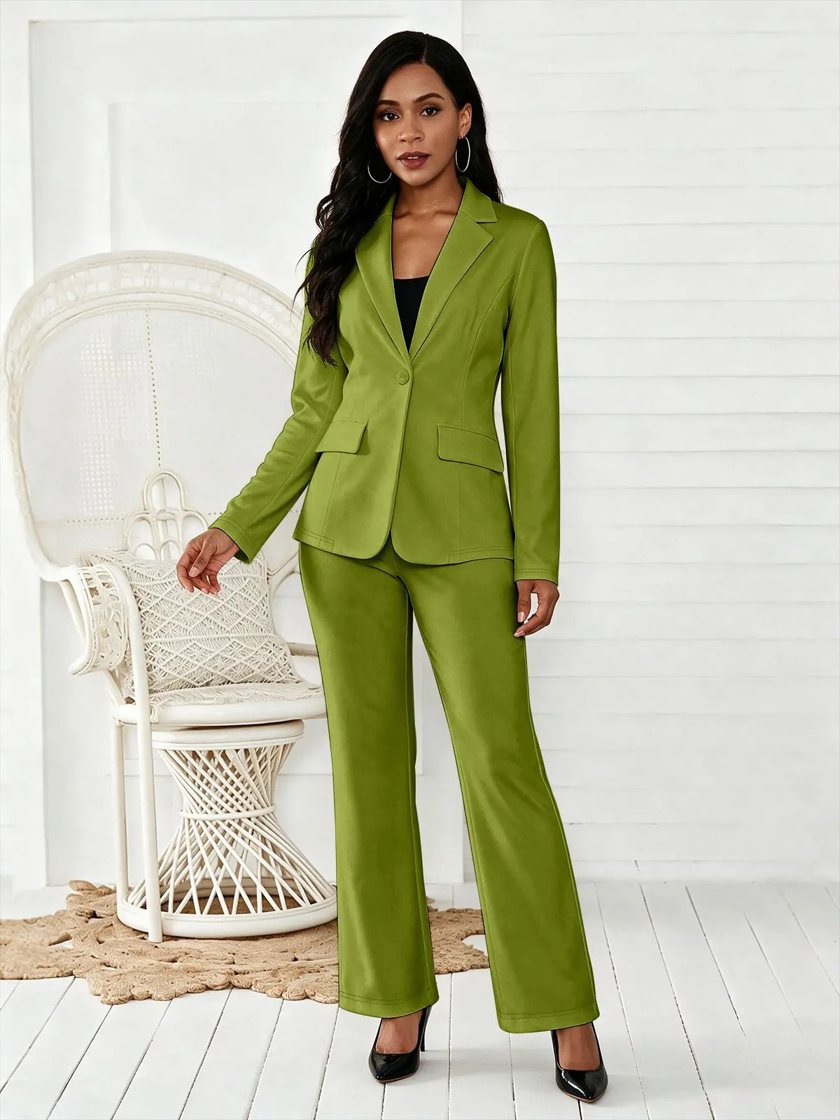 Women's Two-Piece Matching Set, Pants Set Outfit, Plain Button Lapel Fitted Blazer & Suit Pants, Business Casual Long Sleeve Outerwear & Trousers for Daily Outdoor Wear, All Seasons, Essential Business Attire, Work Casual Blazers, Corporate Attire