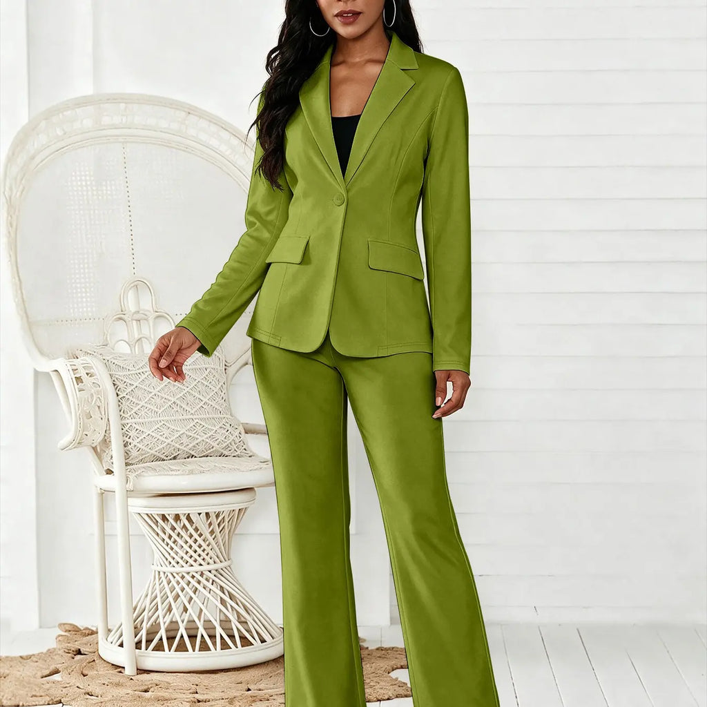 Women's Two-Piece Matching Set, Pants Set Outfit, Plain Button Lapel Fitted Blazer & Suit Pants, Business Casual Long Sleeve Outerwear & Trousers for Daily Outdoor Wear, All Seasons, Essential Business Attire, Work Casual Blazers, Corporate Attire
