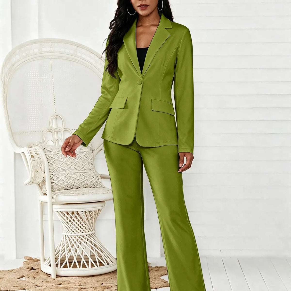 Women's Two-Piece Matching Set, Pants Set Outfit, Plain Button Lapel Fitted Blazer & Suit Pants, Business Casual Long Sleeve Outerwear & Trousers for Daily Outdoor Wear, All Seasons, Essential Business Attire, Work Casual Blazers, Corporate Attire