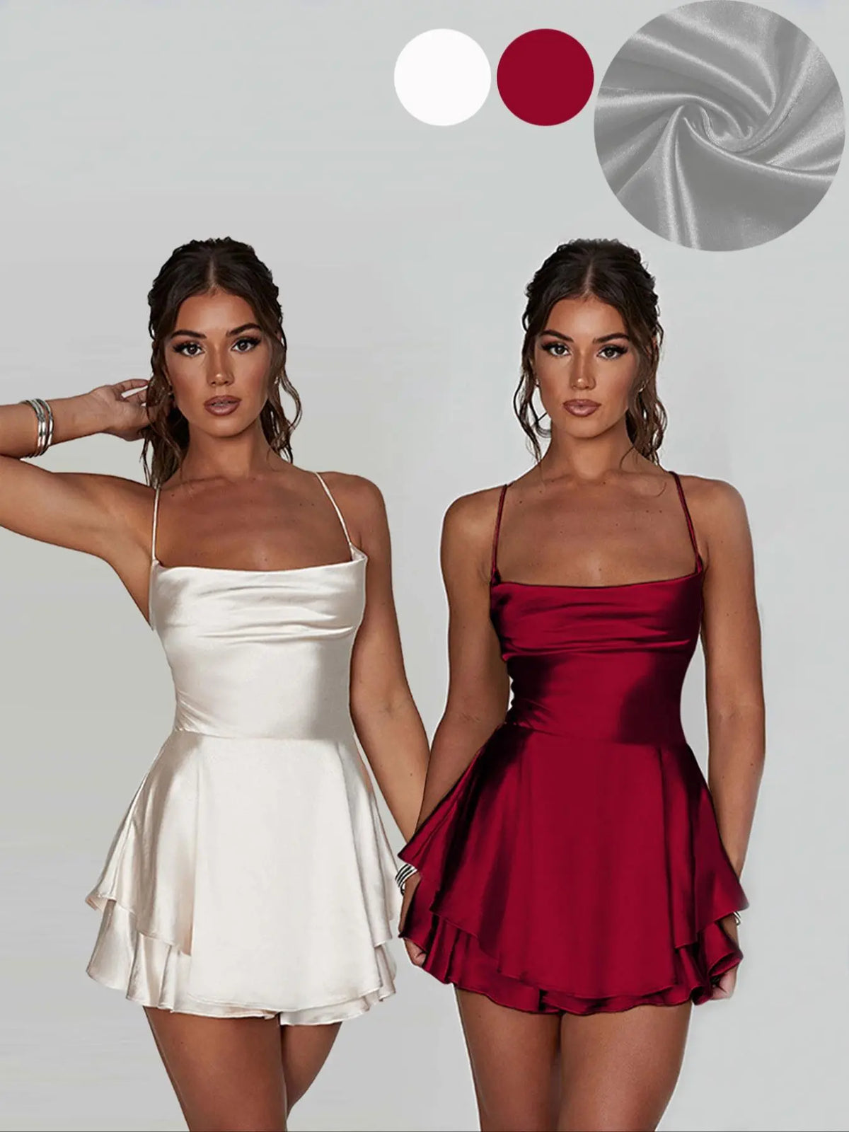 Women's Plain Lace Up Backless Tiered Layer Stretchy Satin Cami Dress, Summer Clothes Women, Womenswear, Elegant Chic Cowl Neck Sleeveless A Line Short Dress for Party Holiday Wedding Guest Evening Formal Wear, Date Night Dresses, Dresses for Women