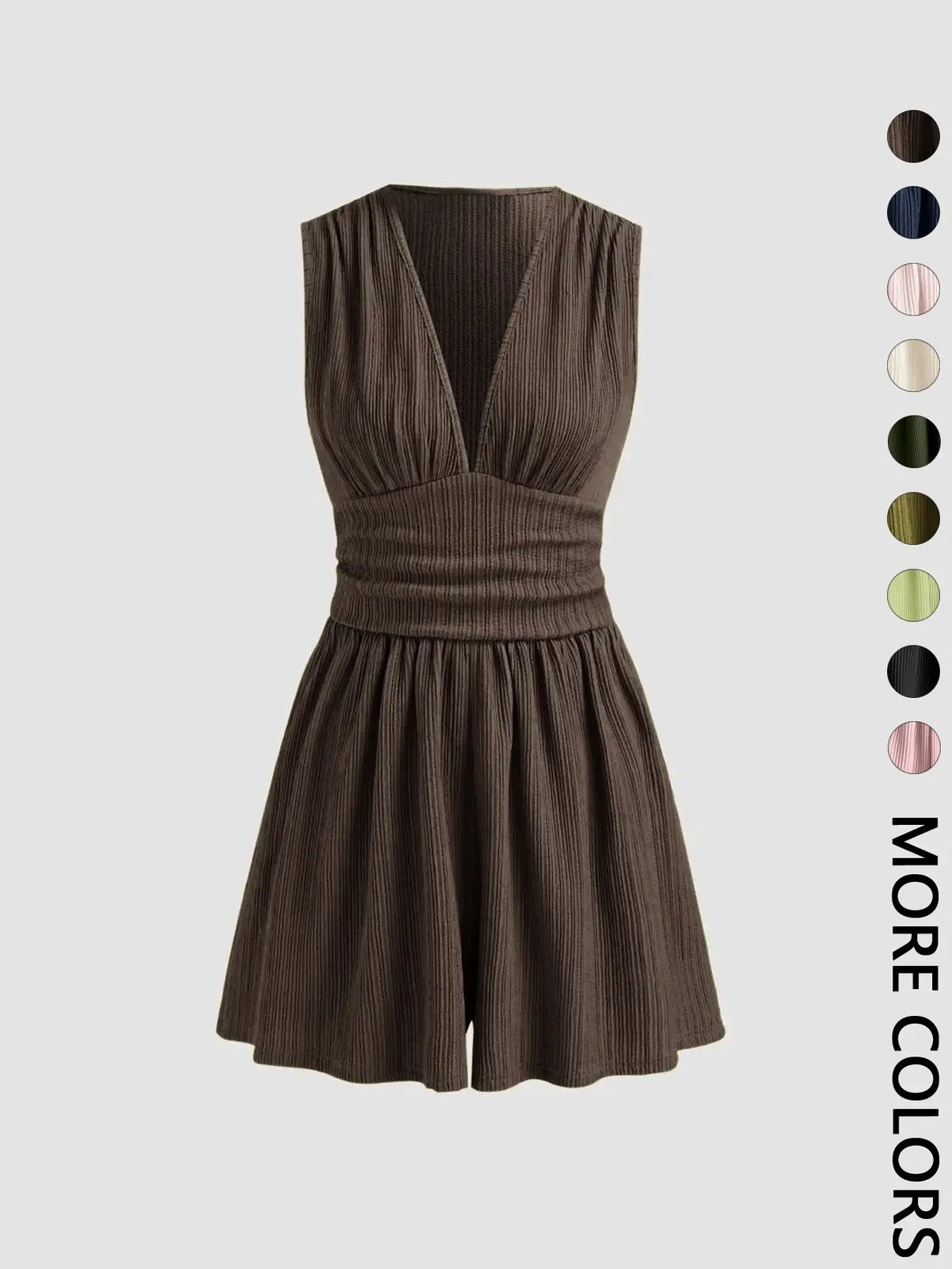 Women's Plain Ribbed Ruched Deep V Neck Tank Short Piece, Elegant Sleeveless Shorts Romper For Summer, Fashion Casual Ladies Clothes For Daily Wear