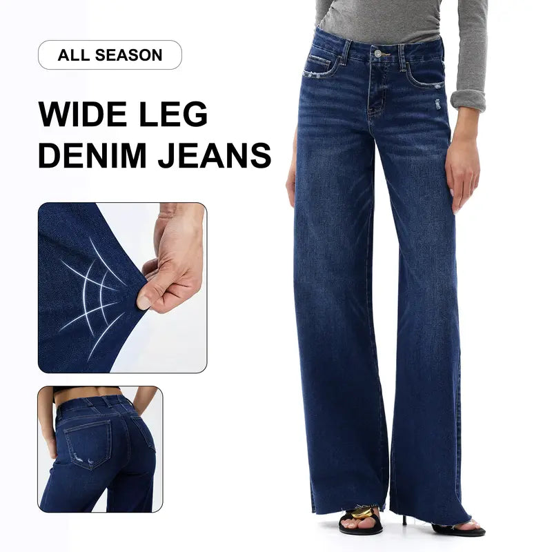 Freya ONESO Women's Mid Rise Wide Leg Denim Jeans Retro Streetwear Style Tummy Control Raw Hem Baggy Pants Comfortable Jeans Commuter Style Baggy High Stretchy Soft Breathable Spring& Summer DIY Inseams #SummerVibes