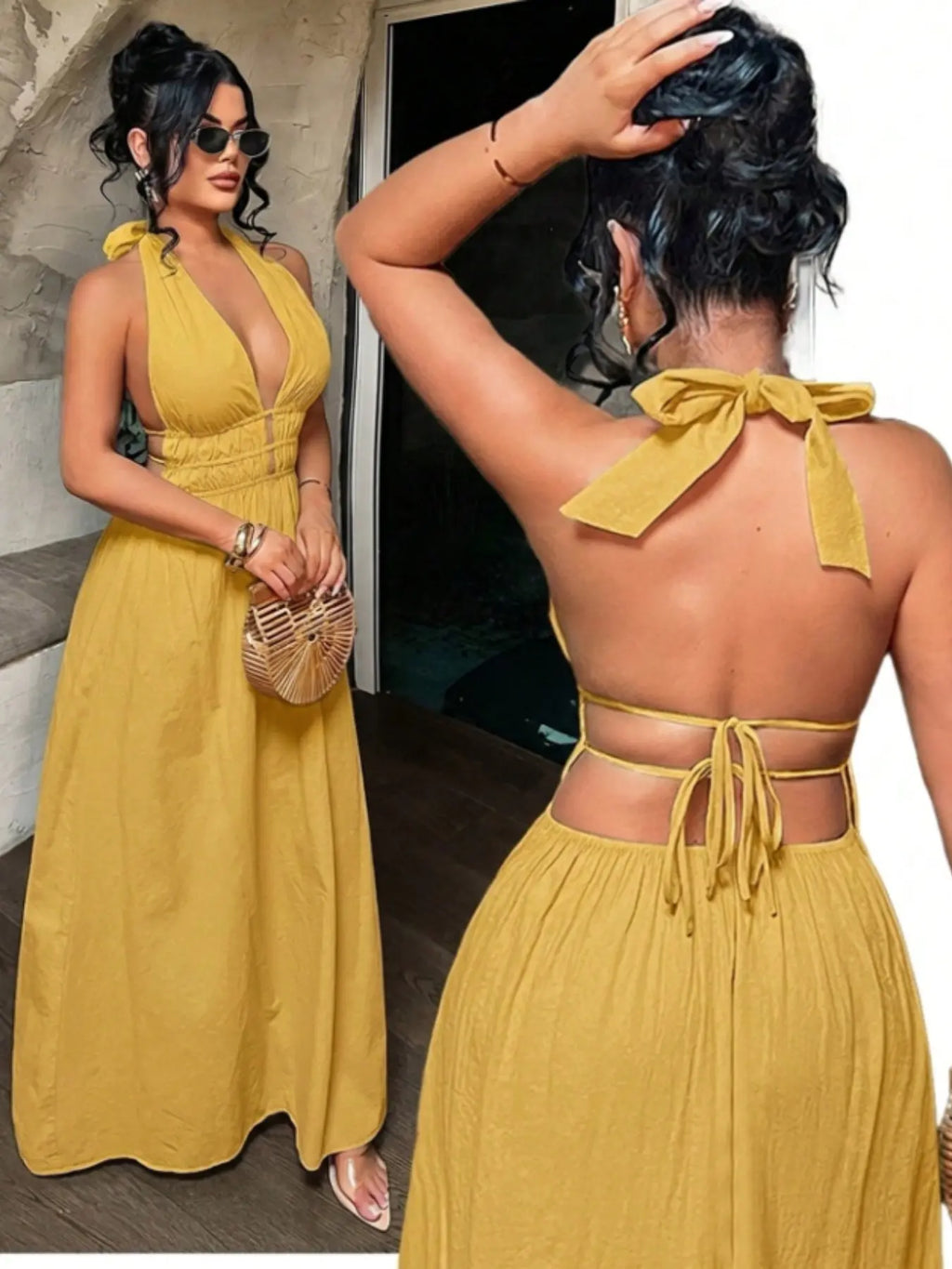 Women's Solid Color Deep V Neck Pleated Design Sexy Dress, Date Night Dress, Essential Summer Fashion Item for Women, Stylish and Alluring Evening Wear