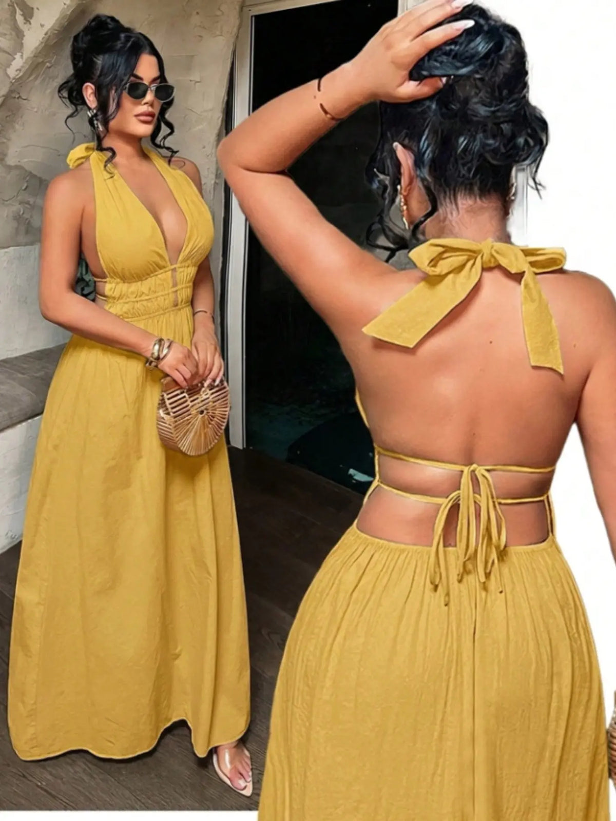 Women's Solid Color Deep V Neck Pleated Design Sexy Dress, Date Night Dress, Essential Summer Fashion Item for Women, Stylish and Alluring Evening Wear