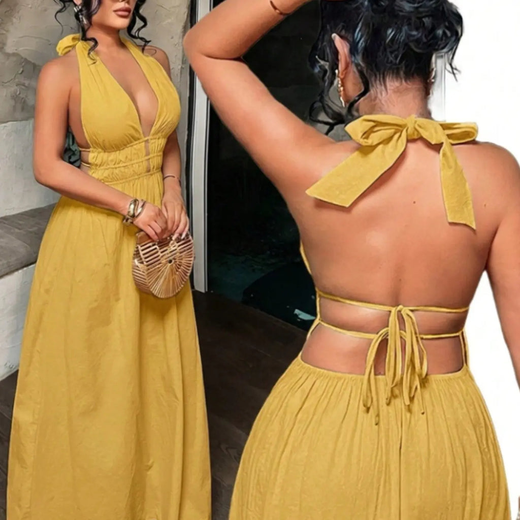 Women's Solid Color Deep V Neck Pleated Design Sexy Dress, Date Night Dress, Essential Summer Fashion Item for Women, Stylish and Alluring Evening Wear