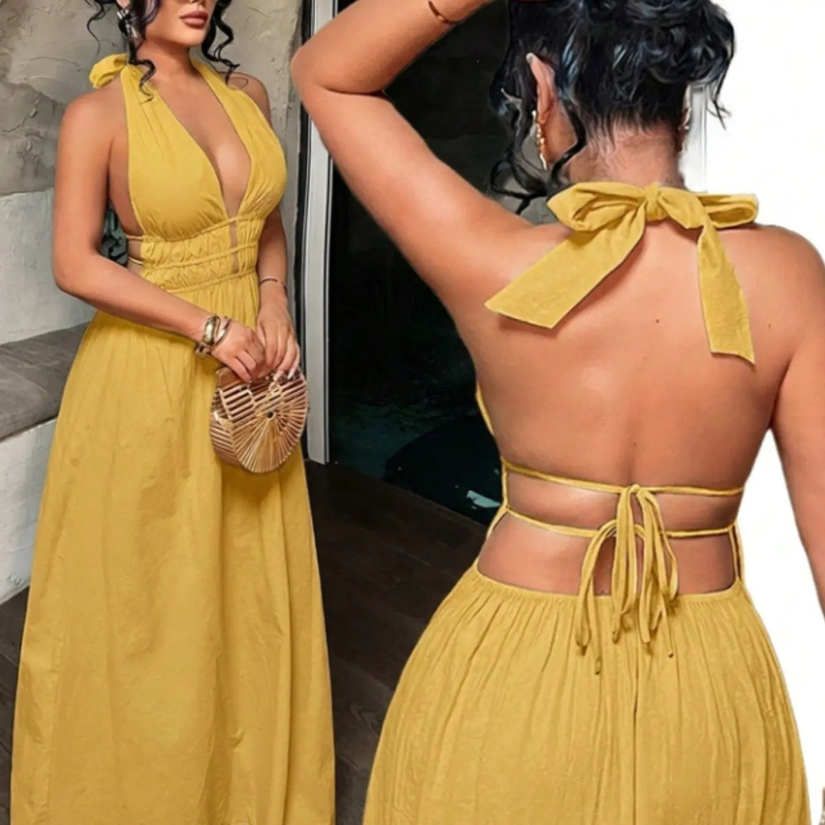 Women's Solid Color Deep V Neck Pleated Design Sexy Dress, Date Night Dress, Essential Summer Fashion Item for Women, Stylish and Alluring Evening Wear