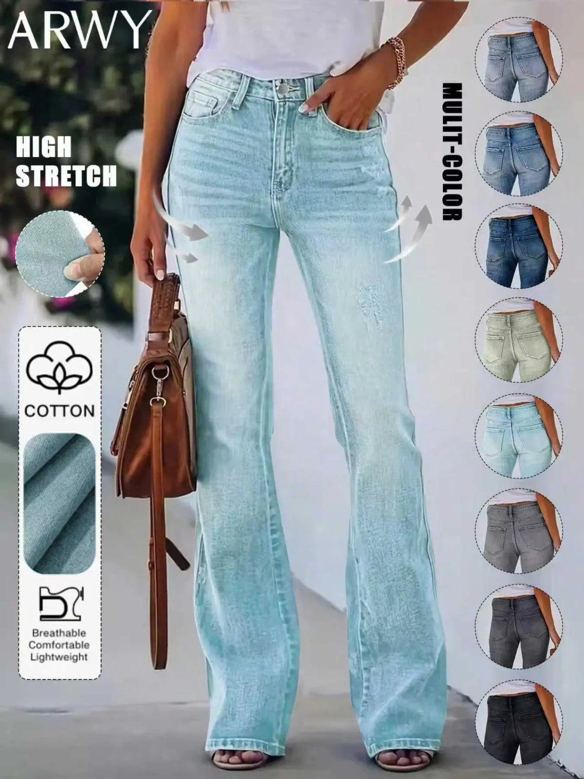 Women's Bohemian Gradient Slim-Fit Flare Leg Denim Jeans for All Seasons, Medium-Wash Denim Mid-Waist Stretchy Pants with Pockets, Womenswear