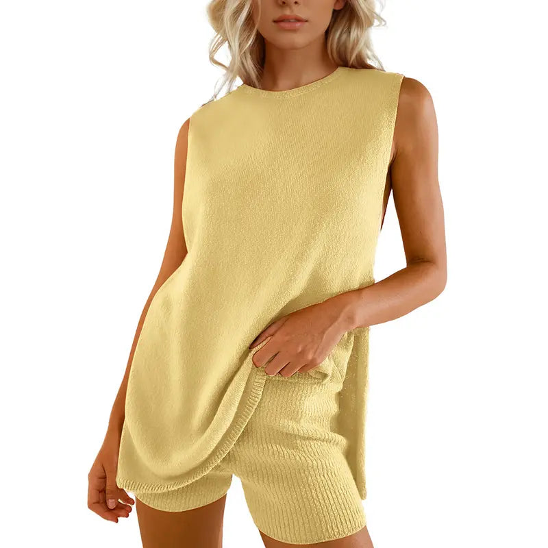 SCUSTY Women's 2 Piece Outfits Summer Summervibes Knit Sweater Set Sleeveless Tunic Top Matching Shorts Trendy Beach Vacation Sets Loungesetwomen Suits Clothes Womenswear  Basic Beige